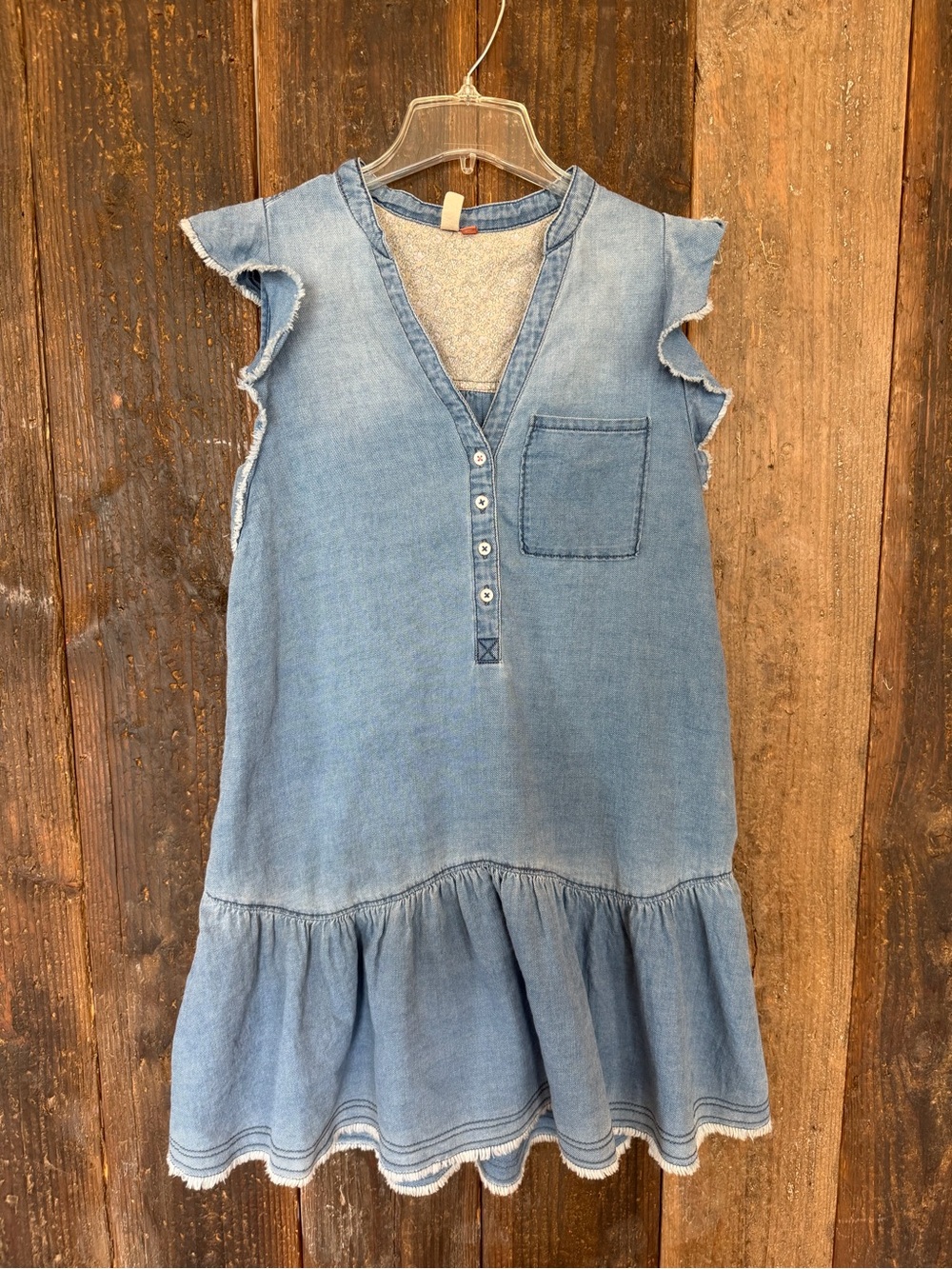 PILCRO V-Neck Ruffle Denim Mini Dress Blue XS